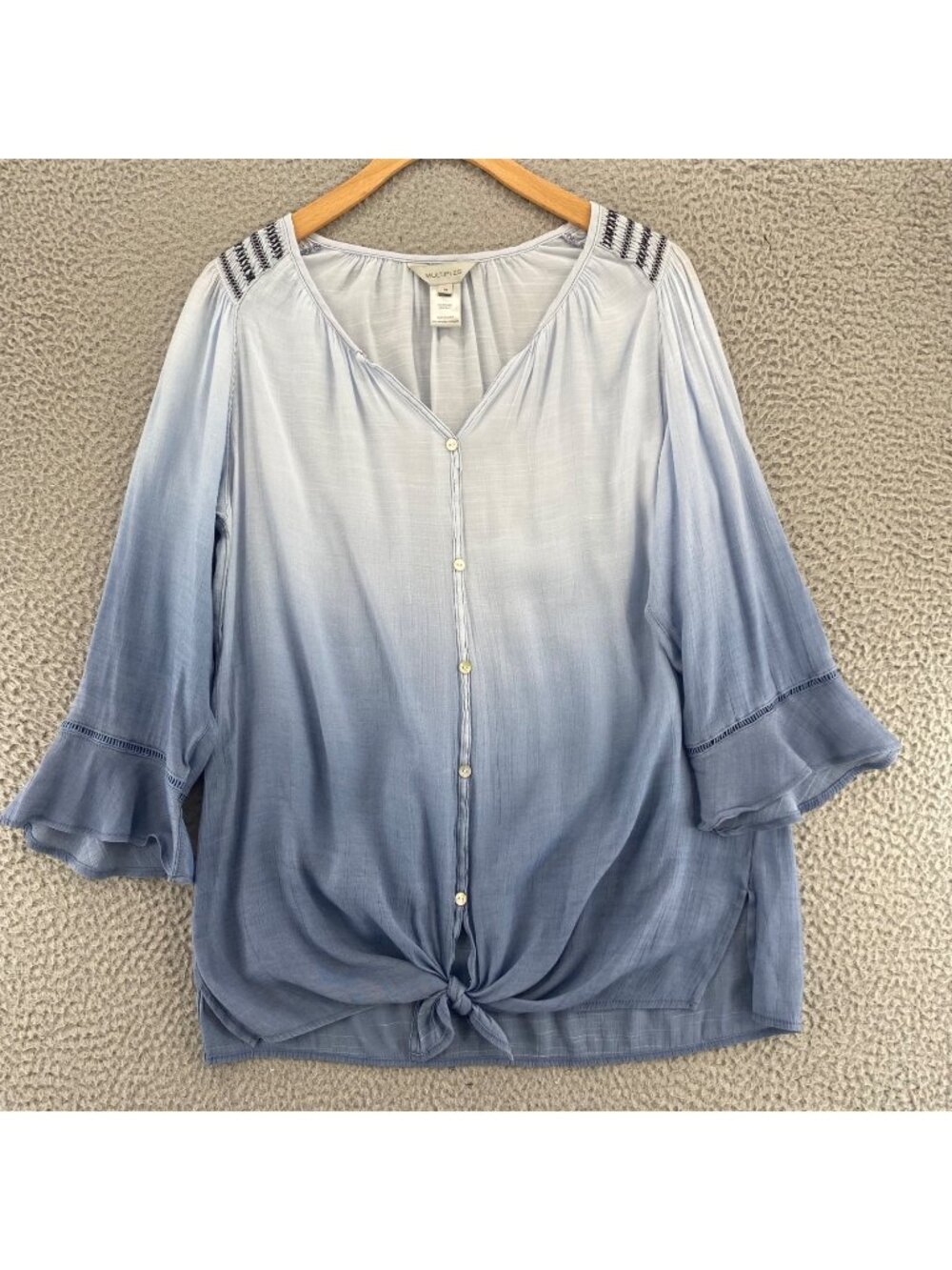 Multiples Top Womens Medium Blue Ombre Raglan 3/4 Bell Sleeves Button Up V Neck